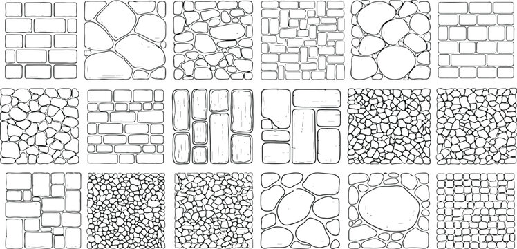 Hand drawn stone wall and brick textures seamless pattern collection architectural vector illustration background.