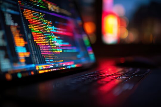 Laptop screen displaying colorful software source code with blurred office lighting background.
