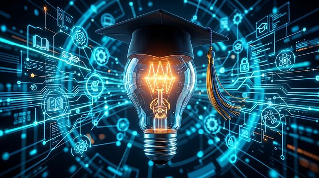 Digital education concept with glowing light bulb and graduation cap