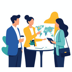Obraz premium Business team meeting planning strategy with globe illustration.