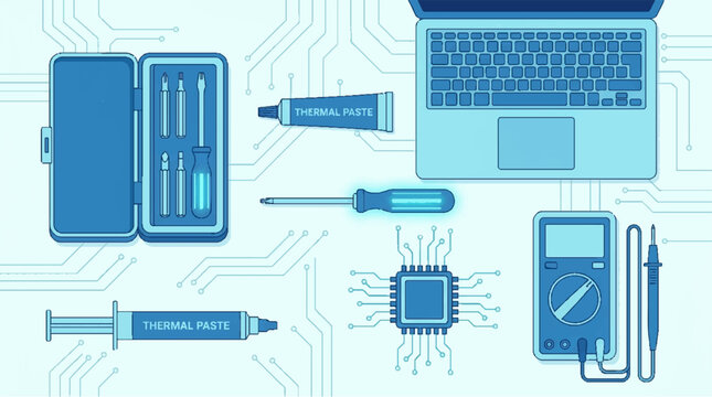 Computer Repair Tools & Components: CPU, Thermal Paste, Laptop, Multimeter, Screwdriver