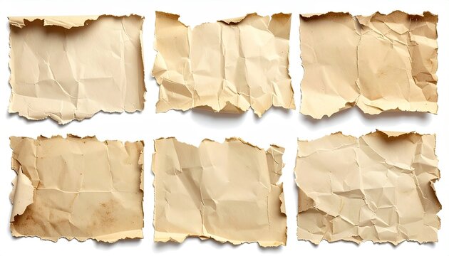 Six pieces of torn and crumpled parchment-like paper with deckle edges, on white