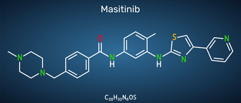 Masitinib tyrosine kinase inhibitor molecule, tyrosine-kinase inhibitor, for oncology and veterinary medicine. Dark blue background
