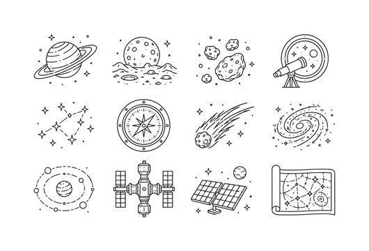 Celestial exploration and orbital adventure. Line outline icon set of Celestial exploration and orbital adventure: planet rings, moon surface, asteroid field, telescope view, star cluster, space