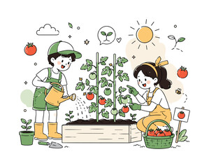 Fototapeta premium Kids Growing Tomatoes. Children learning to grow tomatoes in a garden, watering seedlings and watching small green fruits develop with excitement and curiosity. Floating sprout icons, watering