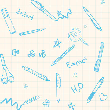 Cute seamless vector pattern with hand drawn school supplies, stationery items, science formulas, and doodle elements on a grid notebook background