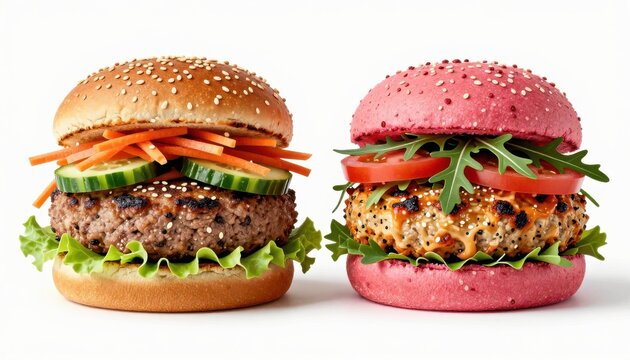 Two gourmet burgers with traditional and pink buns on white background