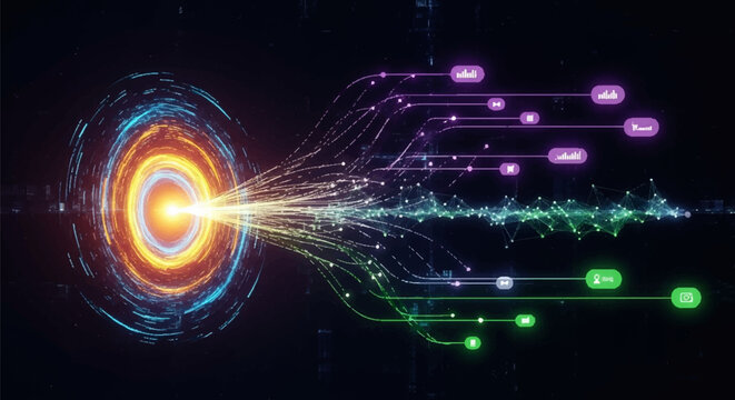 Abstract data flow from a glowing energy vortex to digital icons on a dark background