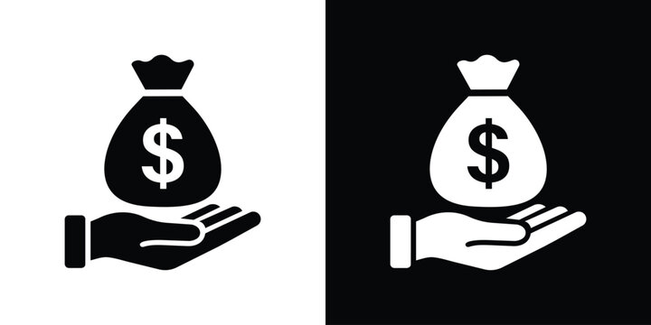 Money bag with dollar sign on a human hand vector icon. Financial support, investment, and loan concept. Black and white versions.