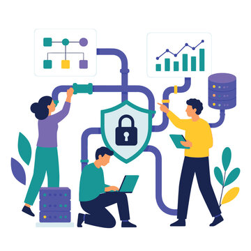 Cybersecurity team analyzing data with digital lock.