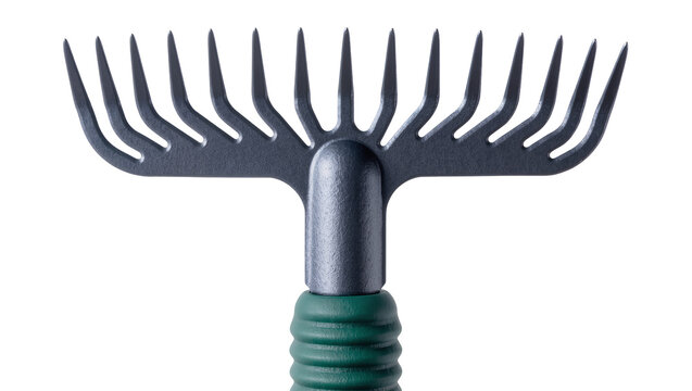 Handheld garden rake with metal tines and green handle