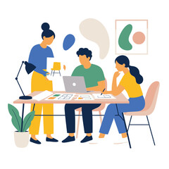 Fototapeta premium Diverse coworkers collaborating at office desk with laptop and coffee.