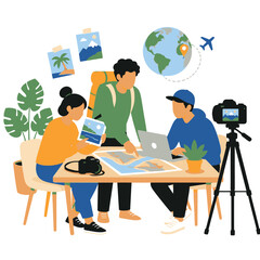 Fototapeta premium Diverse team collaborating on sustainability project with globe icons.