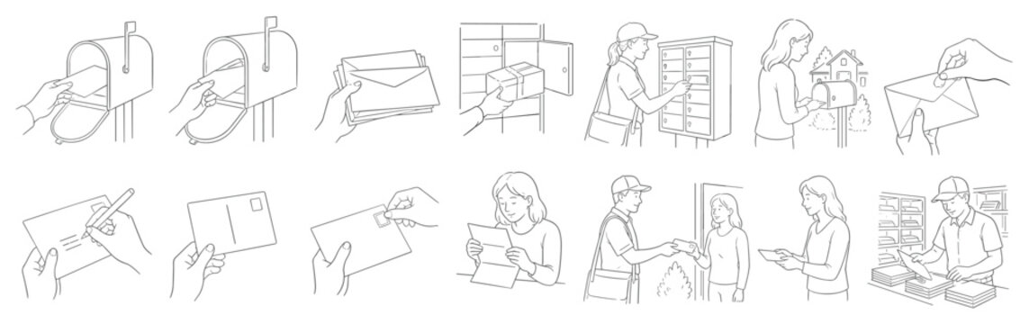 Collection of line art illustrations depicting various postal service activities and mail handling