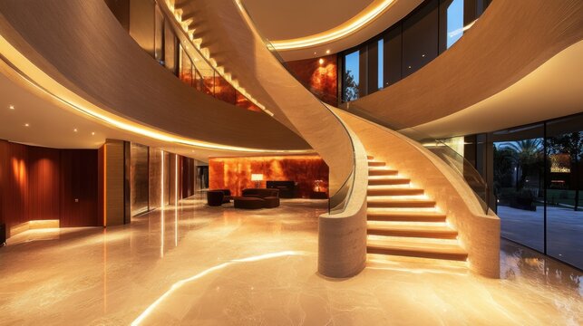 Elegant modern staircase with warm lighting in luxury home inter