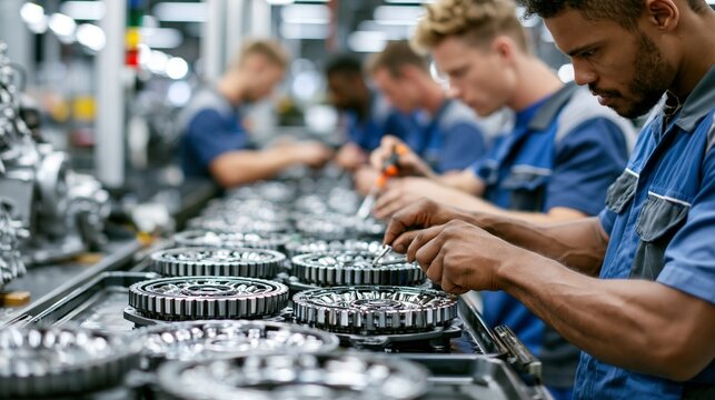 Medium shot of skilled technicians assembling manual transmission gear sets and synchronizers on workbenches with precise hand tools in a bright industrial workshop environment.