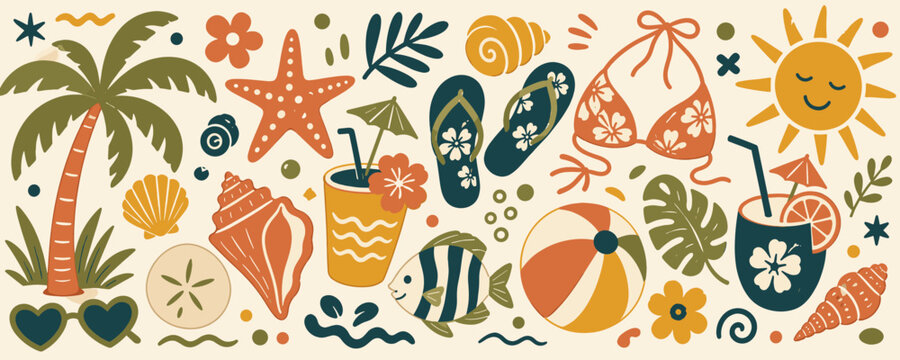 Vibrant summer beach vacation icons and symbols in a playful, retro style