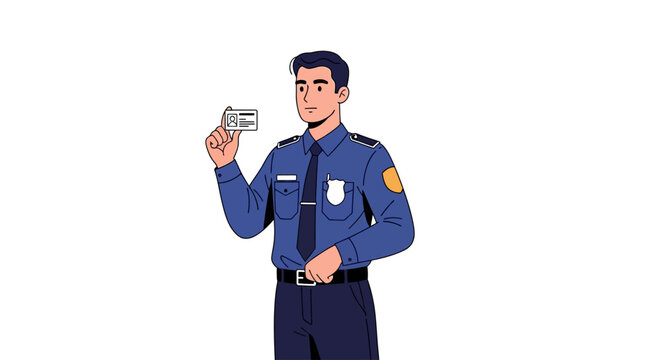 Male police officer in uniform holding an identification card.