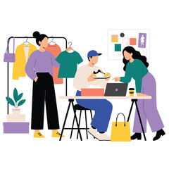 Fototapeta premium Family lifestyle illustration of shopping and dining.