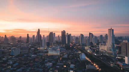 Fototapeta premium Aerial view of modern city skyline at sunset with downtown skyscrapers, urban development, business district, real estate, travel and metropolitan lifestyle concept. city skyline,