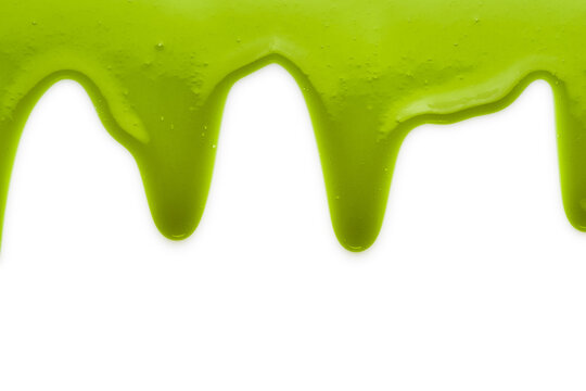 Green liquid transparent gel dripping down against white background.