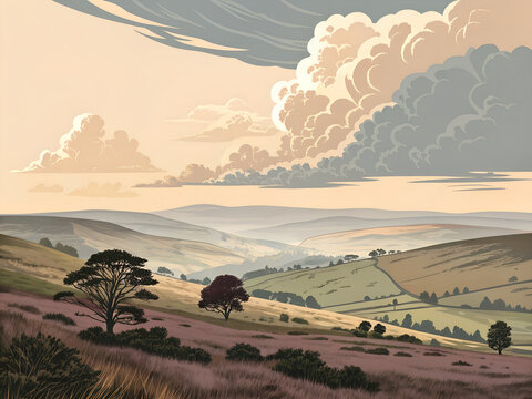 Minimal vector travel poster of English moorland landscape with dramatic clouds, soft muted tones