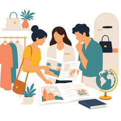 Fototapeta premium Friends planning a vacation with maps guidebooks and globe.