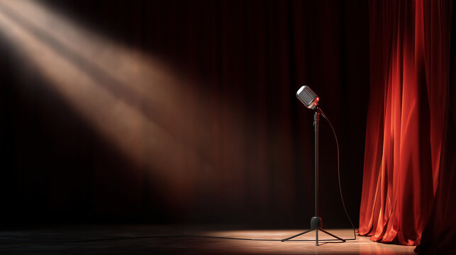 Empty theater stage with microphone under spotlight before performance, live speech, entertainment event, comedy show, music concert and dramatic scene concept. empty theater stage
