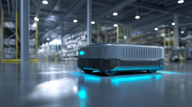 Autonomous warehouse robot moving on glossy factory floor with glowing blue sensor light, blurred industrial background, smart logistics automation and robotics technology concept