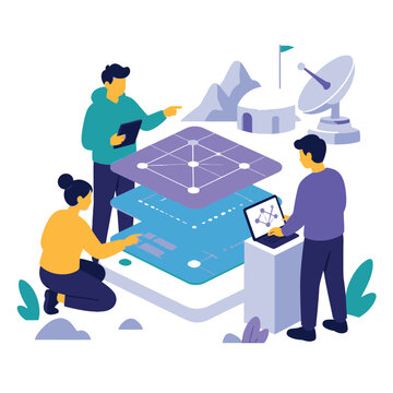 Futuristic technology teamwork with virtual hologram classroom illustration.