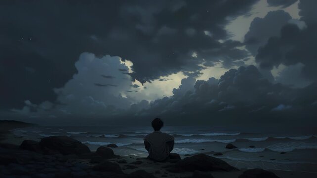 Person Sitting Reflectively Watching Cloudy Night Ocean Waves