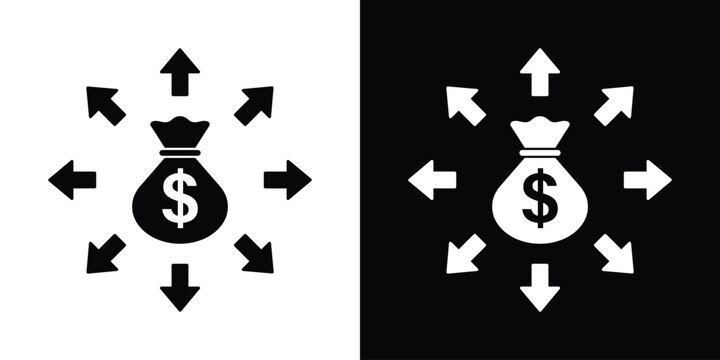 Dollar money bag with arrows pointing outward vector icon. Financial distribution, diversified investment, and spending concept. Black and white.