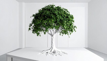 Obraz premium Green‑leafed tree with white trunk and roots inside stark white room, symbolizing nature’s resilience, life, and organic vitality within artificial minimalistic environment.