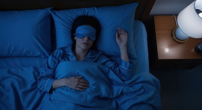Young Woman Sleeping Peacefully in Bed Wearing a Blue Sleep Mask and Silk Pajamas at Night