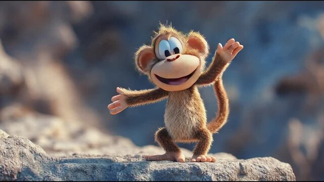 A happy cartoon monkey with big eyes and a wide smile stands on rocks, waving its arms in a playful gesture