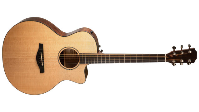 Acoustic guitar with light wood body and dark wood neck