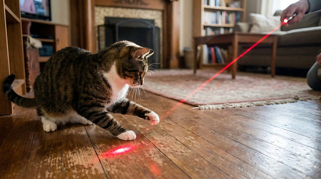 Playful Tabby Cat Chasing a Bright Red Laser Pointer Dot Across a Polished Wooden Floor Indoors During a Fun Home Activity