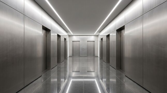Modern minimalist corporate elevator lobby with brushed titanium walls