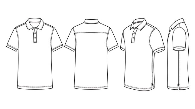 Technical sketch of a mens polo shirt, front, back and side views