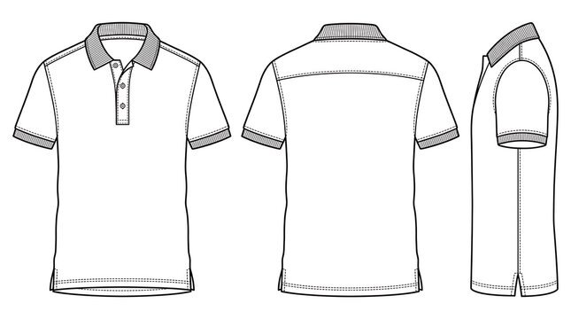 Technical sketch of a mens polo shirt with front, back, and side views