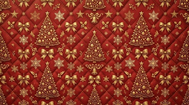 Seamless christmas pattern with golden trees and bows on quilted red fabric