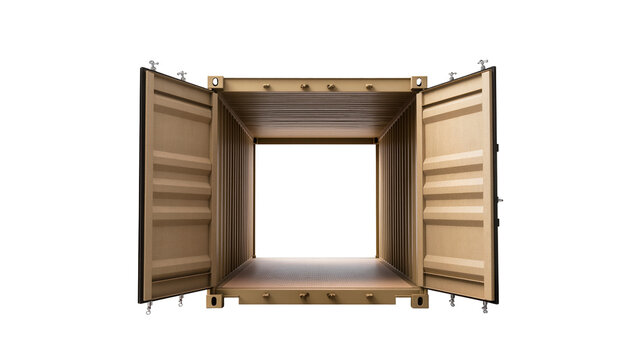 Open tan shipping container with doors ajar