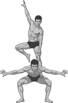 Two muscular men performing acrobatic poses in synchrony and balance