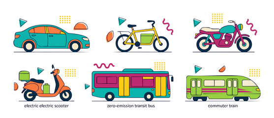 Naklejka premium Public Transportation Icons Set, Eco-Friendly Vehicles Collection for Urban Mobility, Flat Vector Illustrations of Electric Car, Bicycle, Motorcycle, Scooter, City Bus and Commuter Train for Infograph