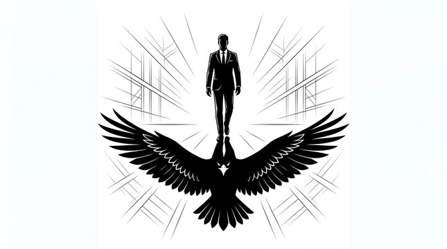 Businessman walking forward above a large eagle with extended wings representing high achievement and visionary leadership.
