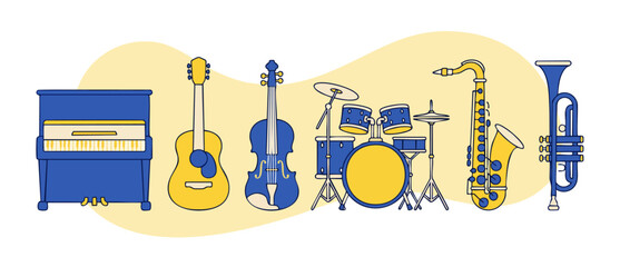 Musical Instruments Vector Set Piano Guitar Violin Drums Saxophone Trumpet Illustration © Dinali
