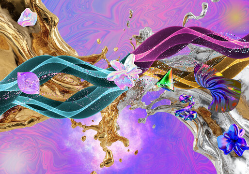 Fondo abstracto premium de lujo con choque de fluidos met&aacute;licos dorados y plateados, degradados hologr&aacute;ficos vibrantes y formas abstractas 3D.
