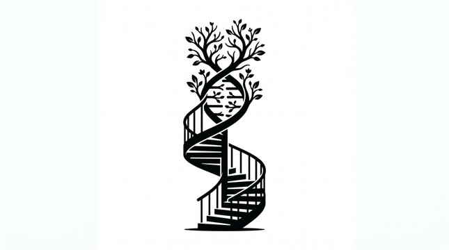 Staircase spiral structure merges into a DNA double helix topped with a branching tree canopy.