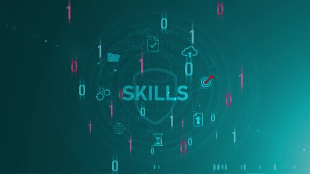 Futuristic digital business skills and technology network concept animation featuring glowing hexagon icons over a global world map background