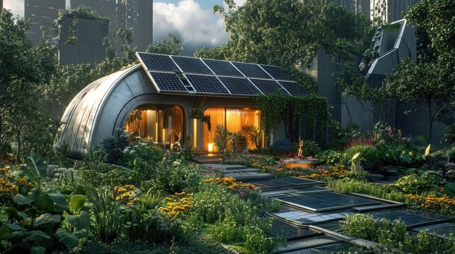 Futuristic eco-friendly house with solar panels surrounded by lu